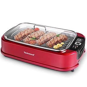 Smokeless Indoor Grill, Techwood 1500W Electric Grill Portable Korean Grill Non-Stick Grill Plates with Temperature Control, Removable Drip Tray, Tempered Glass Lid, Dishwasher-Safe