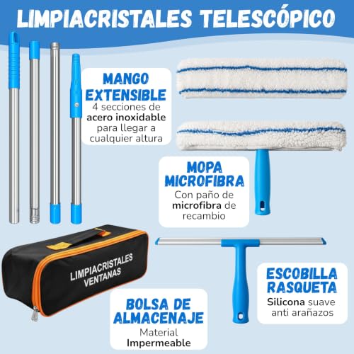 Miniatura 2 de Limpiacristales Telescopico Con Rasqueta Limpiacristales Paños Microfibra 2 Cabezales Intercambiables Con Palo Extensible Ideal Ventanas Altas, Mamparas Y Coche Incluye Bolsa Para Guardar