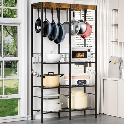 Pot Rack 5 Tier— Pot and Pan Organizer with Hanging Rod, Holds Cast Iron & Large Pots — Kitchen Pot and Pan Rack with Vintage Wood, Heavy-Duty Metal Storage Shelf for Kitchen Storage & Organization
