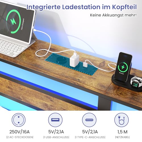 Bett 160x200 mit Lattenrost aus Metall, Doppelbett Bettgestell 160x200cm mit LED Beleuchtung und Ladestation (2 AC-Steckdosen, 1 USB-Anschluss und 1 Type-C-Anschluss) Metallbett mit Kopfteil – Bild 4