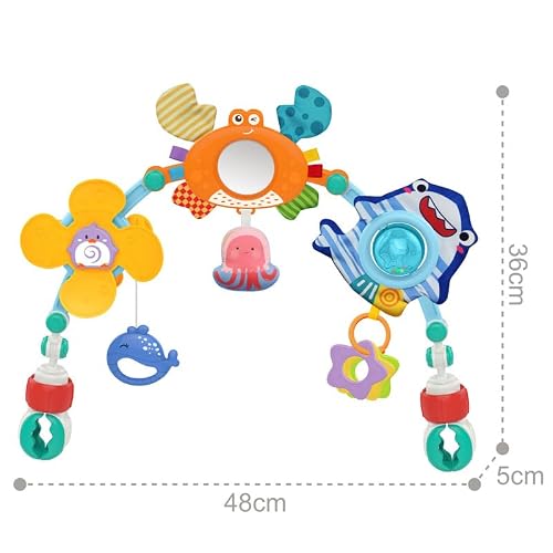 Baby Stroller Arch Toy, Infant Car Seat Toys with Play Accessories, Newborn Foldable Activity Crib Toys, Sensory Travel Mobile Animal Bassinet Toys for Toddler Boys Girls, Adjustable Hanging Toys