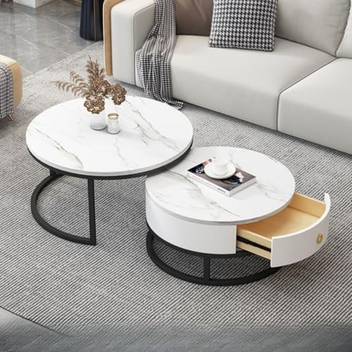 Auyyhui ローテーブル 大理石柄 コーヒーテーブル セラミック ネストテーブル センターテーブル リビングテーブル サイドテーブル 座卓 幅70+50cm 組み合わせ自由 収納付 引き出し付き 2個セット 大理石調 入れ子式 円型 丸型 艶消し マッ