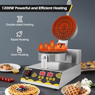 Dyna-Living Commercial Waffle Maker Intelligent Restaurant Waffle Machine Intelligent Non-stick Round Waffle Machine Stainless Steel Waffle Iron Machine Professional Waffle Maker for Restaurant, 1200W