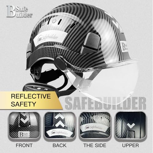 SAFEBUILDER Construction Safety Helmet with Visor ABS Hard Hat Adjustable Ventilation Hardhats Industrial Work Head Protection for Men Certified ANSI/ISEA Z89.1 (Bright Black with Clear Visor)