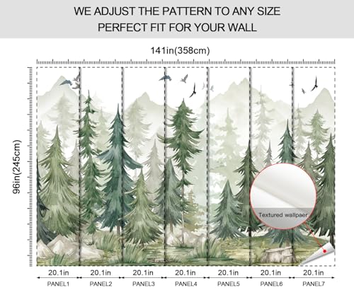 HLNIUC Kids Room Green Forest Wallpaper, Watercolor Woodland Wall Mural, Jungle Green Mountain Mural for Nursery Room, Bedroom, Offices - 141" W x 96" H (Not Peel and Stick) by HLNIUC - Used condition - Image 6