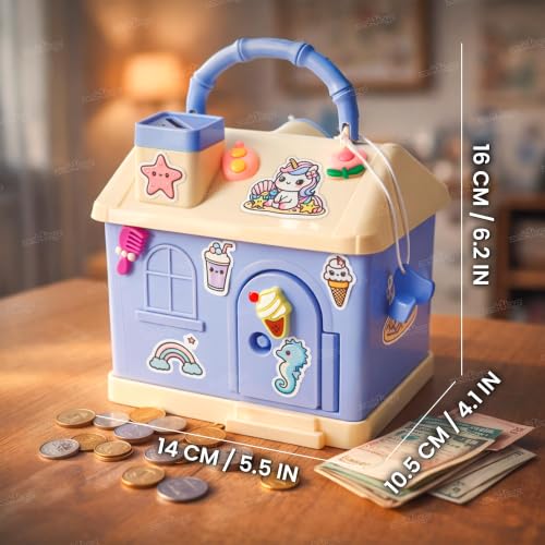 Image of Zest 4 Toyz Kids Piggy Bank with Key and Stickers Mini House Design Lockable Money Bank Portable Money Saving Box for Children Cute Design - Multicolor