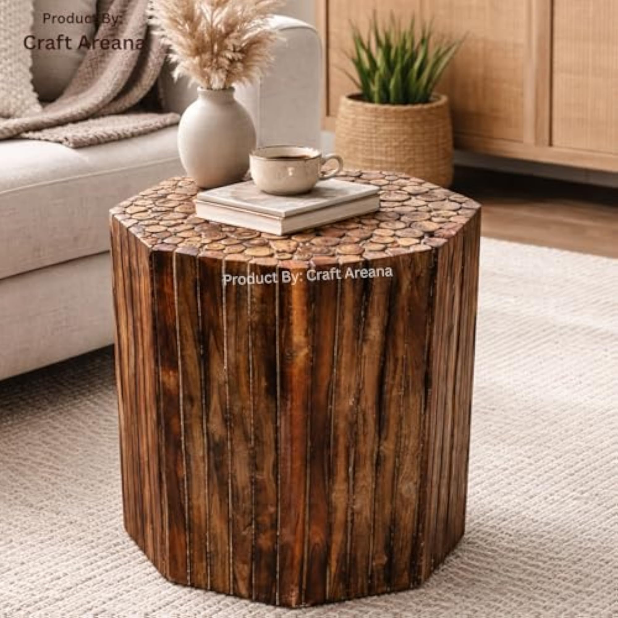 Solid Wood Hexagon Side Table, Handmade Rustic Wooden Stool