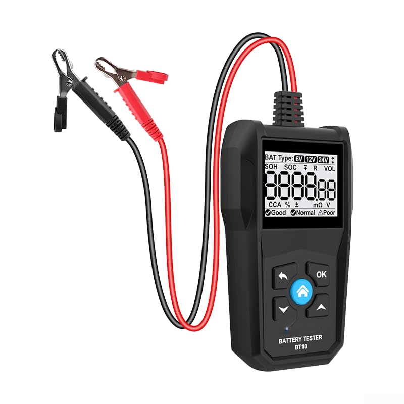 Tester per batterie BT10 per uso automobilistico da 6 V, 12 V, 24 V, misura lo stato di carica e lo stato di salute insieme alla resistenza interna di tensione e CCA