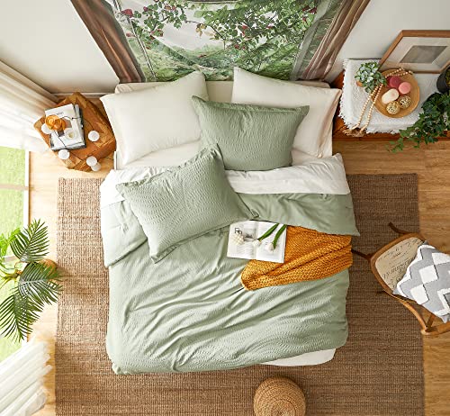 Image of Geniospin Full Size Comforter Set - 7 Pieces Textured Sage Green Bedding Sets, Boho Shabby Chic Comforter Set, All Season Comfortable Bed in a Bag with Comforter, Sheets, Pillowcases & Shams