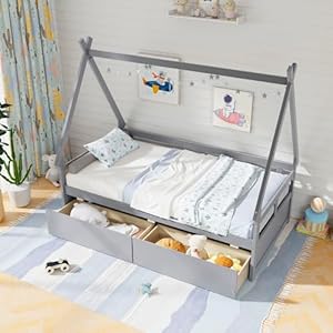Giantex twin bed with 2 storage drawers wood montessori house tent bed frame with safety guardrail low teepee bed with wood slat support for boys girls teens no box spring needed kids bed grey  urban country home decor