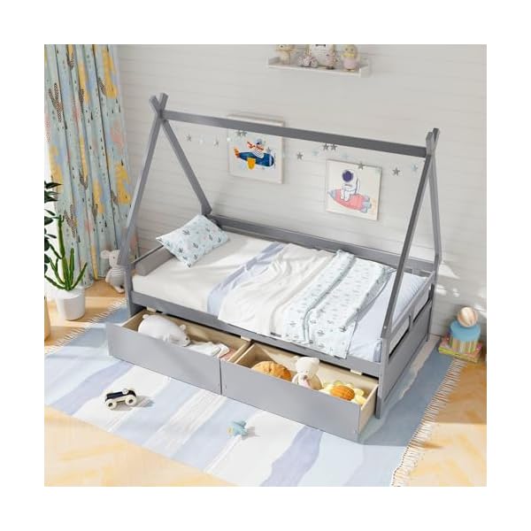Giantex twin bed with 2 storage drawers wood montessori house tent bed frame with safety guardrail low teepee bed with wood slat support for boys girls teens no box spring needed kids bed grey  urban country home decor
