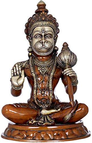Exotic India sentado Hanuman sosteniendo un Gada (maceo) - Estatua de latón