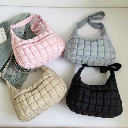 Image of Cute Puffy Crossbody Bag Medium Lightweight Quilted Hobo Shoulder Purse Carryall Soft Fluffy Handbag for Women