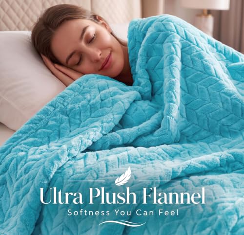 Image of SANMARINO Premium 300 GSM Double Bed Flannel Blanket | Ultra Soft Leaf Emboss Plush Blanket | All Season Lightweight & Cozy | AC Blanket for Bed, Sofa, Couch, Travel & Camping | 220x230 cm,Aqua