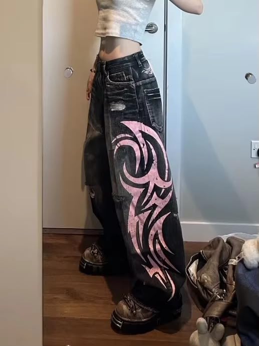 Unisex Y2K Streetwear Baggy Jeans Retro Totem Print Goth Pants High Waisted Wide Leg Harajuku Hip-Hop Style2