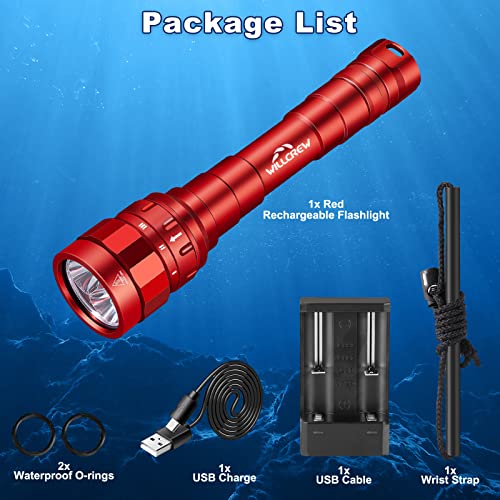Willcrew Diving Flashlight, 3100 Lumen Waterproof Rechargeable Diving Torch, Underwater 100M Scuba Dive Lights For Snorkeling, Fishing, Camping (Red) #TOP6