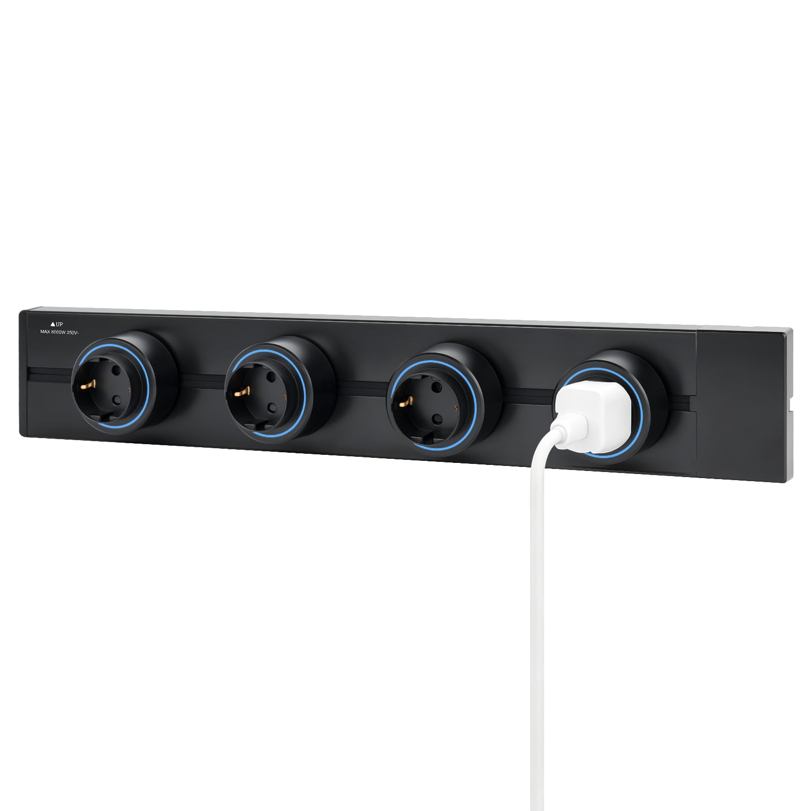 Binario Elettrico Modulare a Parete, Multipresa con 4 Prese Schuko e 2 Porte USB,Estensibile 47-67 cm, Protezione da Sovratensioni 1800J, Installazione Senza Foratura per Soggiorno, Cucina, Ufficio