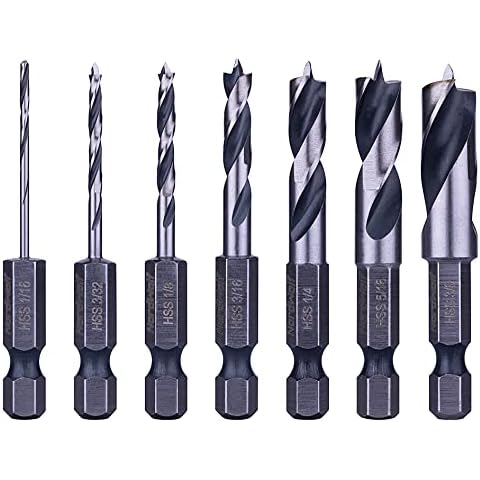 NordWolf 7-Piece HSS Brad Point Stubby Wood Drill Bit Set with 1/4" Hex Shank for Carpenter Woodworking, SAE Sizes 1/16"-3/32"-1/8"-3/16"-1/4"-5/16"-3/8" Cover