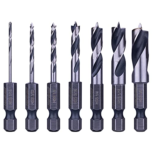NordWolf 7-Piece HSS Brad Point Stubby Wood Drill Bit Set with 1/4" Hex Shank for Carpenter Woodworking, SAE Sizes 1/16"-3/32"-1/8"-3/16"-1/4"-5/16"-3/8" by NordWolf - Used condition - US$16.62