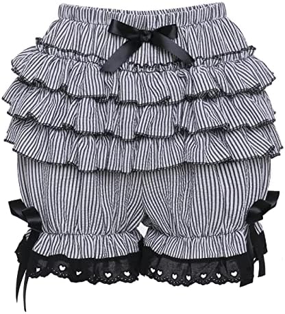 mutou Bloomers for Women Kawaii Shorts Pumpkin Pants Victorian Pantloons Steampunk Maid Lace Ruffle Shorts Underskirt, Black & White Stripes, L