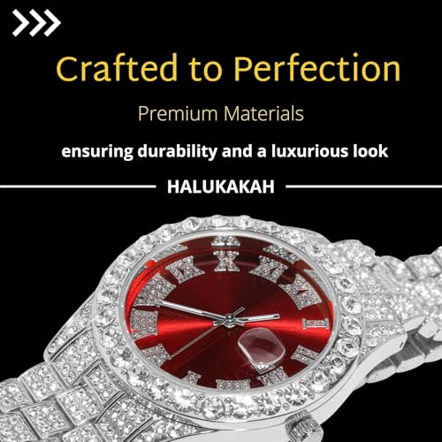 Image of Halukakah Diamonds Gold Watch Iced Out for Boy Teens Kids - 18K Real Gold /Platinum Plated,42mm Blue /Green /Red Dial,Japanese Quartz - 8 inch Length - Optional with Cuban Link Chain,with Watch Adjuster Tool