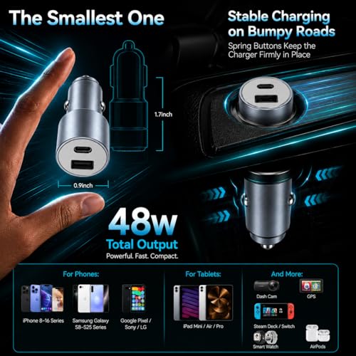 Image of Ailkin 48W Dual Output Car Charger Fast Charging with Type-C PD (36W) & USB(12W), Charging Adapter Compatible with Cars for iPhone 17 /16 /15 & Android Smartphone, Smartwatch, Earbud, Power Bank