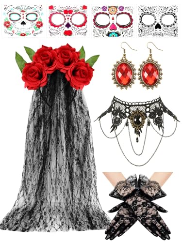 5 Pcs Day of the Dead Costumes for Women, Dia De Los Muertos Headpiece Set