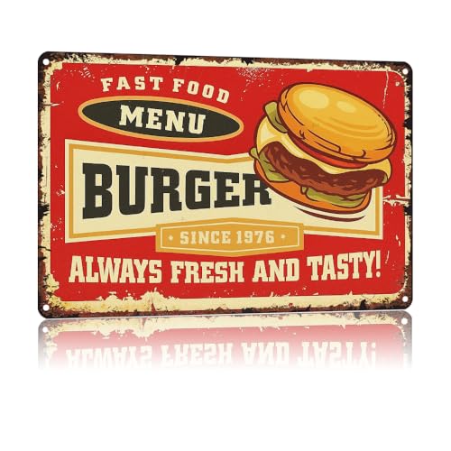 HSFHXY Retro Fast Food Menu Burger Sign - Vintage Style Always Fresh And Tasty 8x12 Inch Aluminum Metal Tin Signs Funny Vintage Poster-For Living Bathroom Room Kitchen Bedroom Garden Wall Decor