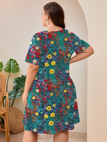 Image of AusLook Plus Size Midi Dress for Women Loose V Neck Short Sleeve Summer Casual A Line T Shirt Sundresses with Pockets 1X-5X