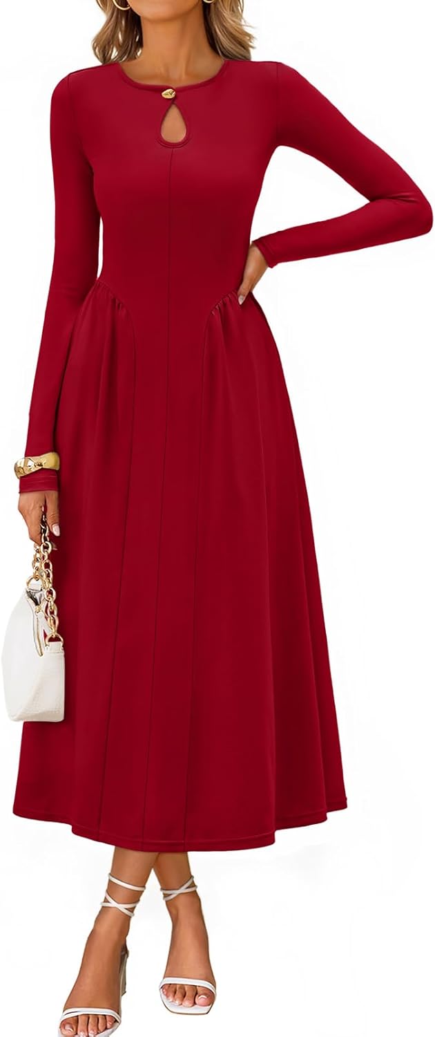 MEROKEETY Women's Long Sleeve Flowy A Line Dresses 2025 Fall Fashion Elegant Cutout Wedding Guest Midi Maxi Dress