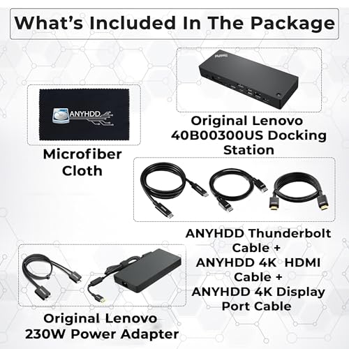 Image of 40B00300US Lenovo Docking Station USB C Bundle - 1 Year Warranty, Supports 4K Display, Thunderbolt 4 Dock with 300W Adapter, Anyhdd HDMI, DisplayPort, Thunderbolt Cables & Cloth