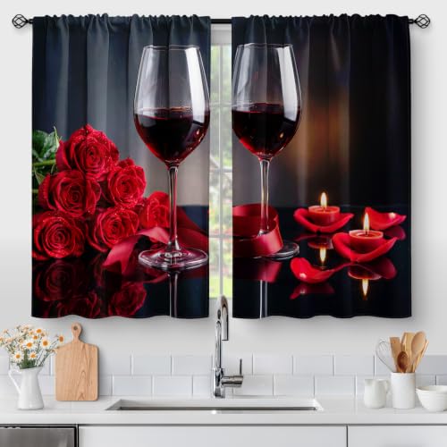 Wine Glass Red Rose Kitchen Curtains - Country Retro Romantic Flowers Rustic Short Cafe Tier Curtains Decor for Dining Room Valentine Floral Farmhouse Rod Pocket Window Drapes 2 Panels Set 28"x45"