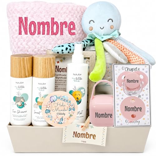 Mababyshop Canastilla Bebé Personalizada Pop!, Regalo Recién Nacido con Manta Bordada, Set Chupete Personalizado, Peluche Pulpo y Cosmética Bebé (Rosa)