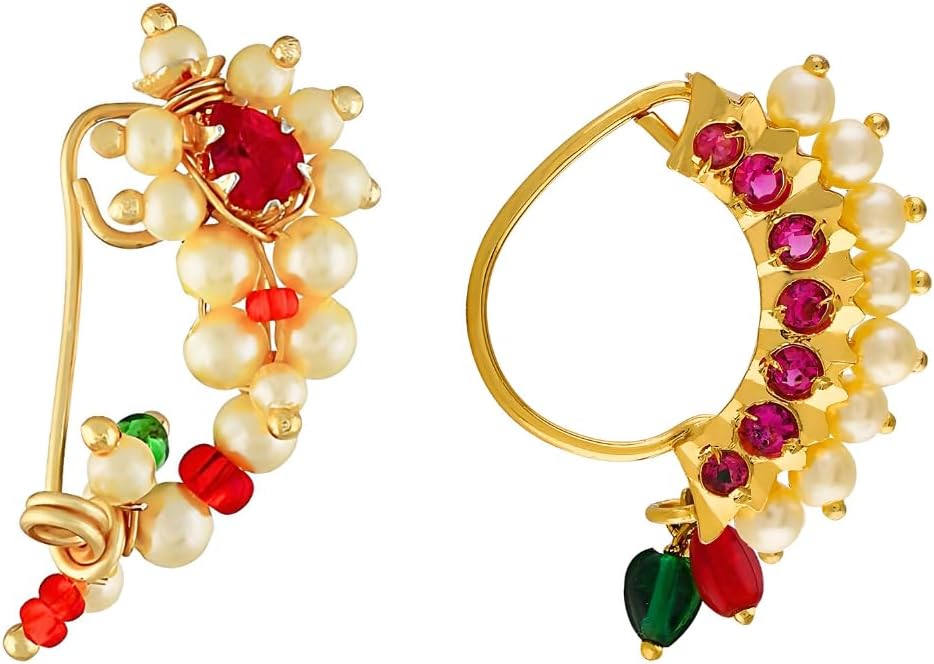 Vail Creations Small Size Traditional Maharashtrian Nose ring for women without piercing Pearl Gold Plated Nath Clip On Nose Ring For Girls (Pack of 2)
