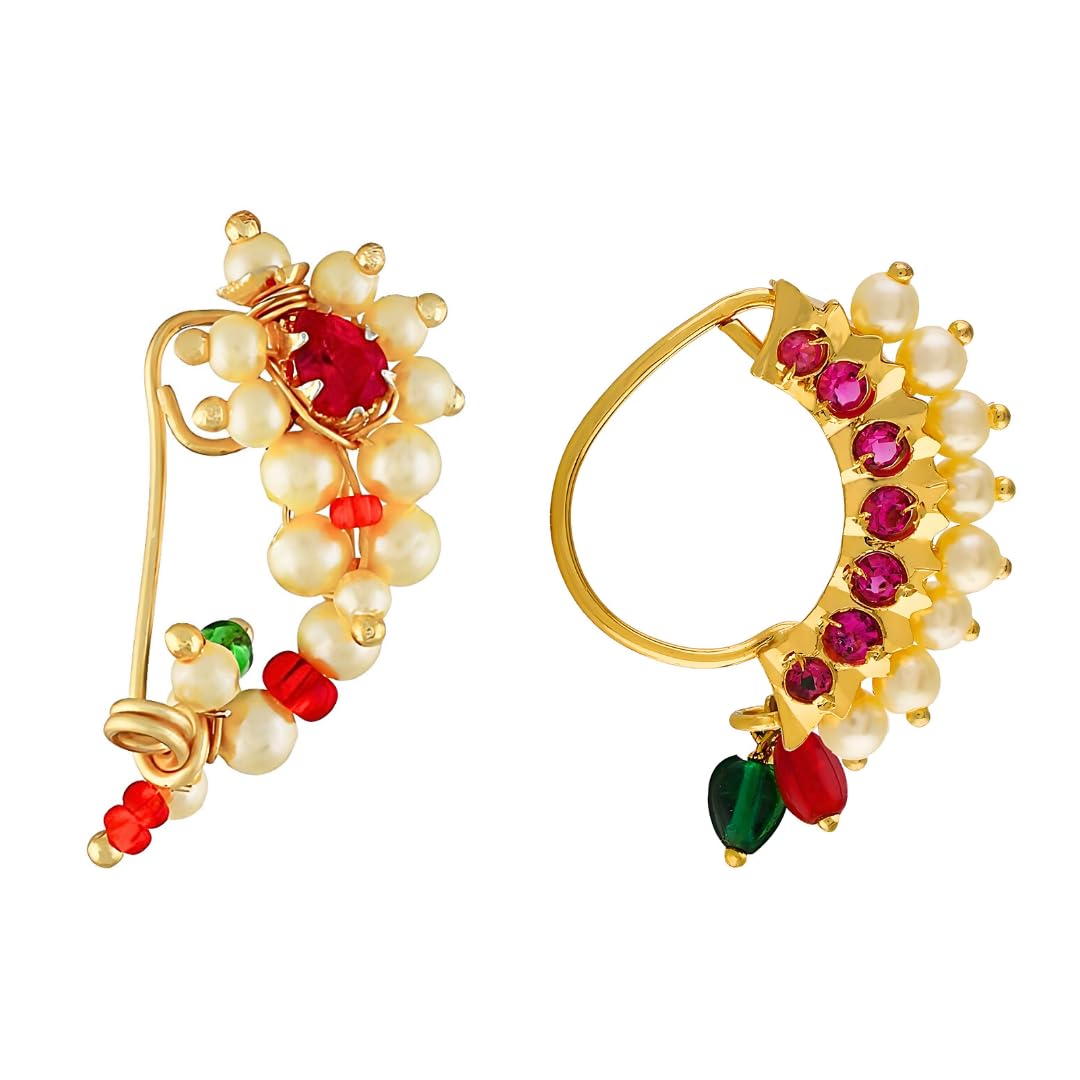 Vail Creations Small Size Traditional Maharashtrian Nose ring for women without piercing Pearl Gold Plated Nath Clip On No... - Review, Price and Buying Guide