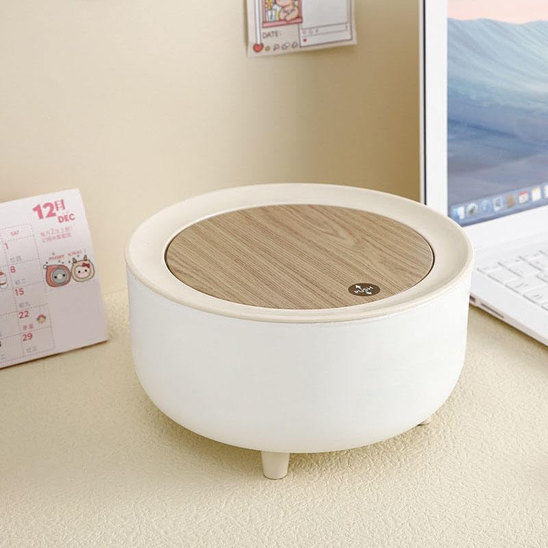 Image of Mini Portable Tabletop Dustbin, Mini Trash Can with Lid - Wastebasket for Bathroom Vanity, Desktop, Tabletop-Round(Square Press - White) (off white)