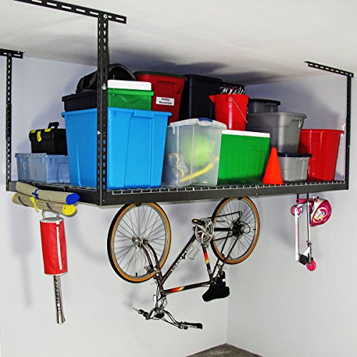 Monsterrax Overhead Garage Storage Rack- 4 X 8 Ceiling Rack For Garage Shelving, Organization, & Storage, Adjustable Hanging Storage For Bikes, Equipment & Accessories (Hammertone, 12"- 21") #TOP1