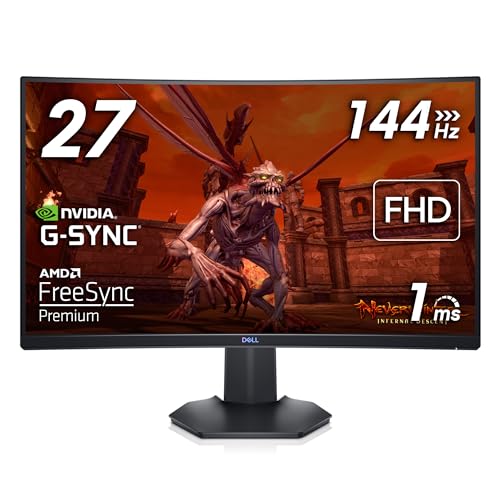 Dell S2721HGFA 27 Inch Full HD (1920×1080) 1500R Curved Gaming Monitor, 144Hz, VA, 1ms MPRT, AMD FreeSync Premium, NVIDIA G-SYNC Compatible, DisplayPort, 2x HDMI, 3 Year Warranty, Black
