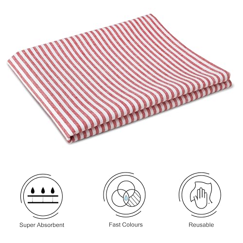 Image of Encasa XO Kitchen Towels Cotton Pack of 4 | 70x45 cm, Ticking Red - Dish Cloths | Highly Absorbent Cleaning & Wiping Cloths for Kitchen | Reusable Tea Towels