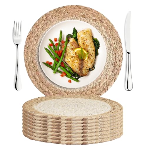 Hojalis Round Woven Placemats Set of 8, 30cm Natural Braided Table Mats for Dining, Kitchen Decor, Handmade Burdock Grass & Corn Husk Place Mats, Boho Table Mats for Family Dinners, Party, Wedding