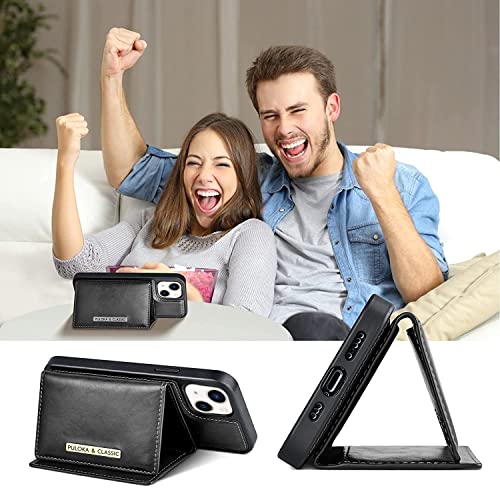 Image of PULOKA Wallet Back Case - Compatible with iPhone 13 - Vegan Leather Phone Cover - Detachable Card Holder Case with Kickstand - Shockproof, Anti Scratch & Raised Edges for Protection - Black