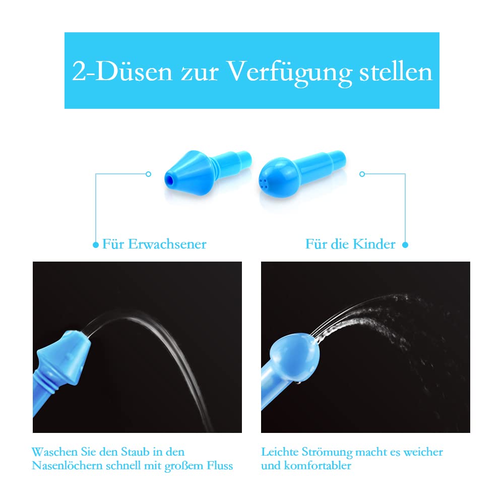 WATERPULSE Neti Pot Sinus Douche nasale avec sel 300 ml avec 10 sachets de sel de rinçage nasal et thermomètre autocollant pour adultes & enfants sans BPA, bleu