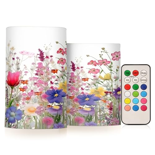Kigai Wildflowers Flameless Candles with Remote Control and Timer,Battery Operated LED Pillar Candles Adjustable Brightness for Ourdoor Indoor Use,Home Decor,2 Pack