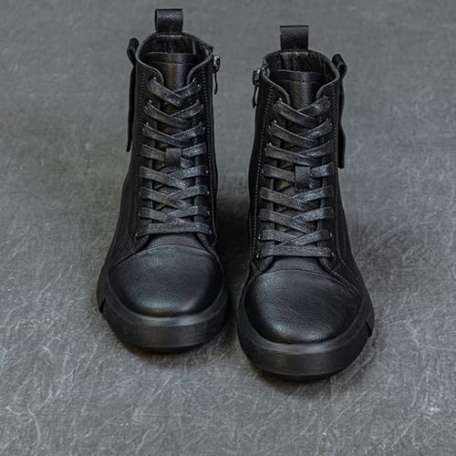 Ankle Combat Boots for Women,Genuine Leather Lace Up Side Zipper High-Top Ankle Boots Casual Platform Boots (Black,8.5)2