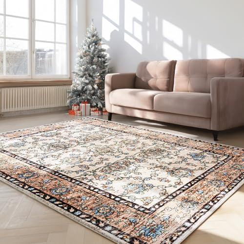 4x6 Washable Area Rug  Ivory and Beige Vintage Carpet with Charcoal Border, Floral Scroll&Geometric Lattice Pattern, Boho Non-Slip Indoor Mat for Living Room, Bedroom, Dining Room, Entryway