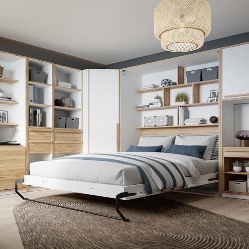 Forte SMARTROOM Multifunktionsbett 160 x 180, modernes Schrankbett mit Regal, Schlafzimmer, Apartment, Holzwerkstoff, Catania Eiche Holzwerkstoff|Weiß, 177,4 cm breit x 215 cm hoch x 57,4 cm tief