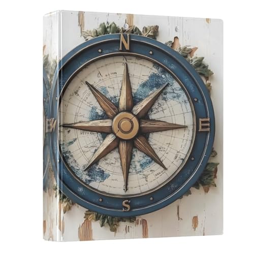 Image of 3 Ring Binder Vintage Nautical Compass 1.5 inch Binders Three Ring Binders with Clipboard Fit 8.5'' x 11'' Paper 3 Interior PVC Clear Pockets for Office Supplies