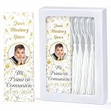 Marcapáginas Comunión Niño. Personalizado con Foto. Kit de 36 unidades con Borla de seda a juego. Marcapáginas bautizo niño.4 MODELOS a elegir. Recuerdo de Comunión niño. Hecho en España. (CALIZ)