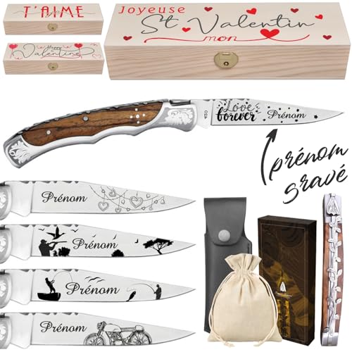 Gravure Events - Couteau Marque Laguiole Bougna personnalisé avec dessin et prénom gravé - Cadeau pour homme : fête des pères, papa, grands pères (papi, papy) anniversaire, noël Cadeau Saint Valentin