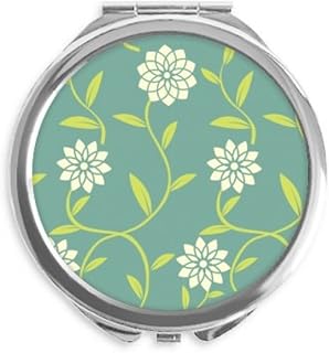 Green White Flowers Decorative Pattern Hand Compact Mirror Round Portable Pocket Glass